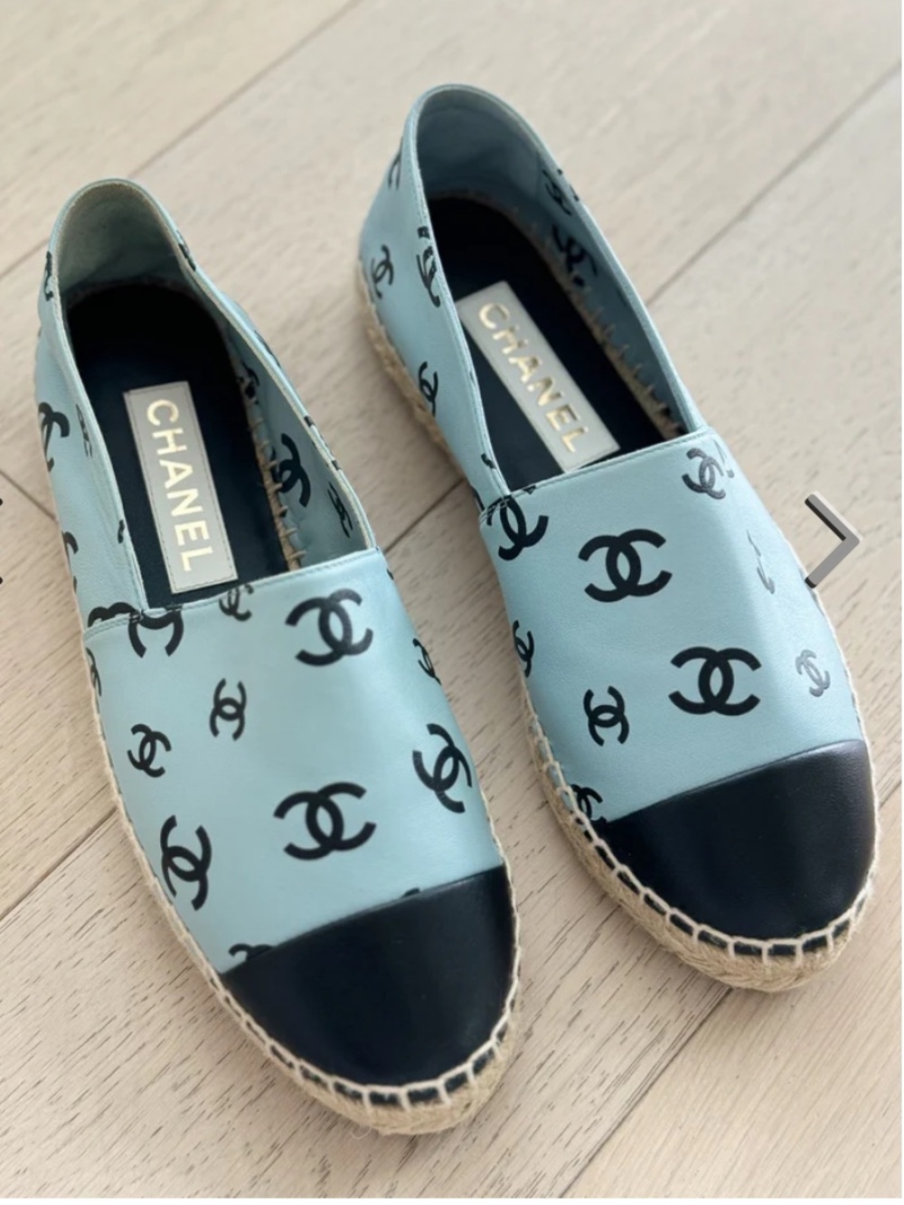 CHANEL Light Blue Logo Espadrille Flats with Black Cap Toe - Picture 2 of 3